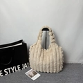 Chic beige plush tote bag with vertical stripes and woven handles in soft faux fur - Off White