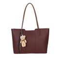 Burgundy oversized faux leather tote bag with lychee texture and cute bear pendant - With Pendant / Burgundy
