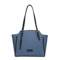 Grande borsa tote in denim blu con manici in pelle nera e fibbie regolabili argento - Blu