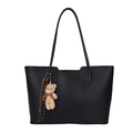 Large black leather tote bag with lychee texture featuring a cute teddy bear charm - With Pendant / Black