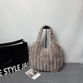 Taupe faux fur tote bag with vertical stripes and spacious slouchy design - Brown