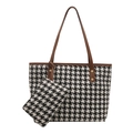 Classic houndstooth tote bag set with brown leather trim and matching small clutch bag - Black