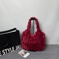 Deep red fuzzy tote bag with vertical stripes made of plush faux fur material - Red