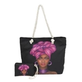 Borsa tote nera alla moda con stampa donna africana e manici in corda bianca - Stile 7 Con Piccola Pochette