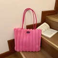Pink striped faux fur tote bag with Fashion Girl patch and leather shoulder straps - Rose Red