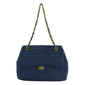 Borsa hobo in denim trapuntato con catena dorata e cuciture a rombi blu scuro - Blu scuro