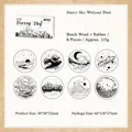 Retro wooden rubber stamp set with 8 celestial star and moon patterns for DIY journaling - Starry Sky
