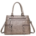 Fashionable dark khaki faux leather tote bag with functional zippers and crossbody strap - Gray