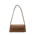 Retro caramel brown leather baguette bag with a vintage gold clasp on a white background - Brown