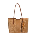 Large brown tote bag with suede texture and ethnic beaded charms for office commute - Bag And Charm / Brown