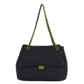 Borsa tote in denim trapuntato nero con tracolla a catena oro e chiusura in metallo - Nero