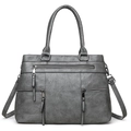 Dark grey soft leather handbag with triple front zippers and adjustable shoulder strap - Dark Gray