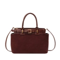 Deep brown suede handbag for women featuring gold hardware and smooth leather trim straps - Burgundy