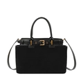 Bolso de mano para mujer en ante negro con ribete de cuero y herrajes dorados - Negro