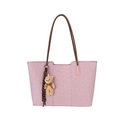 Pink leopard print tote bag with brown straps and plush bear charm on white background - With Pendant / Pink