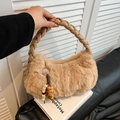 Sac à main en peluche kaki avec poignée tressée et pompon en perles, style élégant - Sans Pendentif / Kaki
