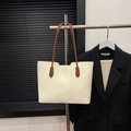 Minimalist large tote bag in beige leather with brown handles and stitching detail - Bags / Off White