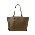 Vintage dark brown oil wax leather tote bag with a decorative wooden bead tassel charm - No Pendant / Khaki