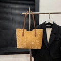 Minimalist mustard yellow tote bag with brown leather handles for stylish office wear - Bags / Brown