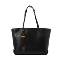 Classic black oil wax leather tote bag with vintage wood bead tassel for women - No Pendant / Black