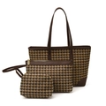 Driedelige vintage houndstooth tote set met bruine rand inclusief clutch en tasje - 3-delige set / Hahnentritt Koffie