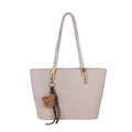 Sac fourre-tout gris clair en similicuir avec boucle dorée et breloque ourson - Avec Pendentif / Blanc Cassé