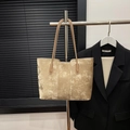 Golden beige velvet tote bag with brown leather handles and smooth glossy finish - Bags / Khaki