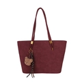 Sac cabas minimaliste en daim bordeaux avec breloque ours et ruban rayé élégant - Avec Pendentif / Rouge