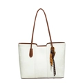 White minimalist tote bag with large capacity, brown contrast handles and beaded charm accessory - Bag And Charm / Off White