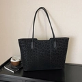 Large black leopard print tote bag in faux suede with long shoulder straps - No Pendant / Black