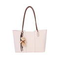 Large beige leather tote bag with dark brown straps and a cute plush bear charm - With Pendant / Off White