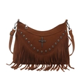 Borsa a tracolla marrone opaca con borchie vintage, frange lunghe e croce in stile gotico - Marrone