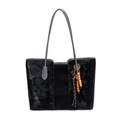 Large black velvet tote bag with grey leather straps and bohemian beaded charm detail - Bag And Charm / Black