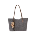 Retro leopard print tote bag with brown leather straps and a plush bear pendant - With Pendant / Gray