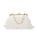 White faux fur handbag with pearl handle and gold chain strap for elegant evening wear - White