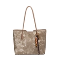 Minimalist large champagne velvet tote bag with wooden bead charm and slim shoulder straps - Bag And Charm / Khaki