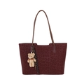 Large burgundy leopard tote bag with premium suede texture and cute bear charm - With Pendant / Red