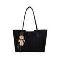 Large black leopard print tote bag with plush bear charm and sleek leather straps - With Pendant / Black