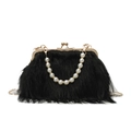 Chic black faux turkey feather crossbody bag with pearl handle and golden chain strap - Black