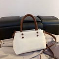 Retro contrast color white and brown leather bucket handbag with long strap - White (Without Pendant)