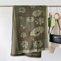 Detail of vintage lotus print scarf with soft fringe edges and elegant Chinese aesthetic - Green (GSJ-380)