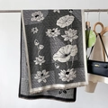 Detailed macro view of retro lotus pattern fabric with delicate tassel edges and thick texture - Black Grey (GSJ-380)