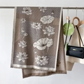 Vintage lotus print cashmere-like shawl with elegant fringe in earthy tones - Khaki (GSJ-380)