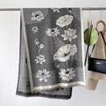Detail of knitted lotus flower pattern on dark grey and beige winter shawl with tassels - Grey (GSJ-380)