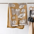 Close-up of vintage lotus print scarf with fine fringe on ginger and grey fabric - Yellow (GSJ-380)