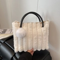 White faux fur tote bag with vertical stripes and black woven handles with plush charm - Off-white (With Charm)