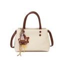 Elegante borsa beige con manici marroni e ciondolo a forma di orsetto - Bianco (Con pendente)