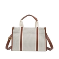 Grande borsa tote in tela beige con inserti in pelle marrone e tracolla regolabile - Grande (35x24x13.5cm) / Bianco & Marrone (Grande)