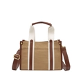 Khaki Segeltuchtasche mit braunem Lederbesatz und gestreiftem Gurt auf weißem Grund - Khaki Klein