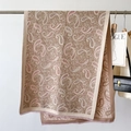 Detailed view of paisley patterns and soft fringe on this warm cashmere-like shawl - Khaki